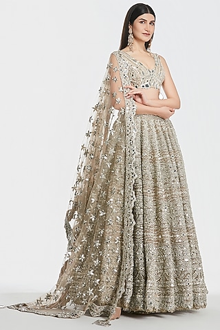Champagne Gold Net Gota Work Lehenga Set by Abhinav Mishra