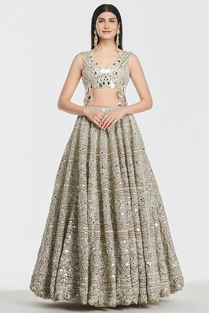 Champagne Gold Net Gota Work Bridal Lehenga Set by Abhinav Mishra at Pernia's Pop Up Shop