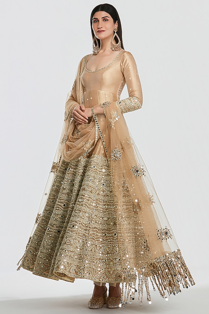 Gold Tissue Mirror Work Bridal Anarkali Set by Abhinav Mishra at Pernia's Pop Up Shop