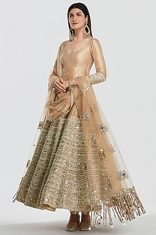 Gold Tissue Mirror Work Anarkali Set by Abhinav Mishra