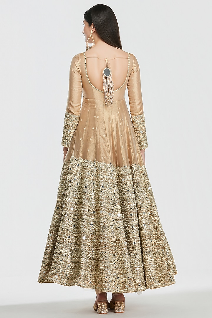 Gold Tissue Mirror Work Bridal Anarkali Set by Abhinav Mishra at Pernia's Pop Up Shop