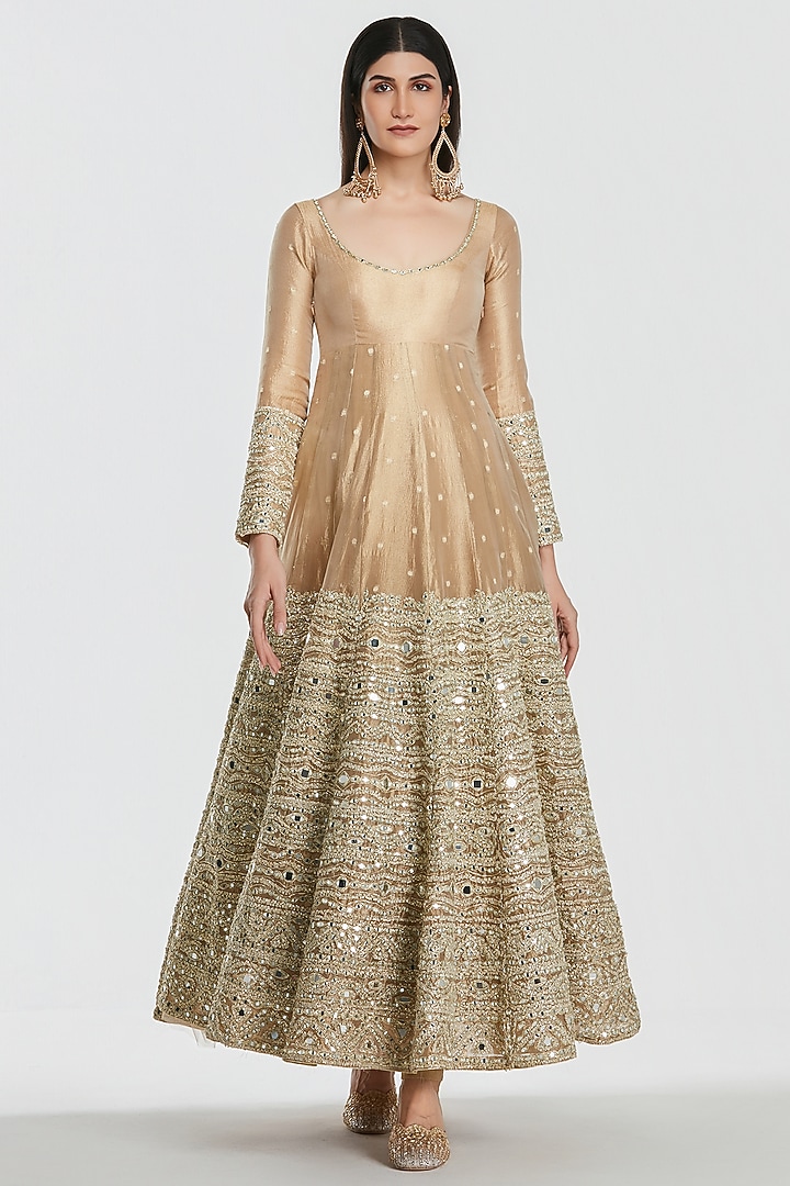 Gold Tissue Mirror Work Bridal Anarkali Set by Abhinav Mishra at Pernia's Pop Up Shop