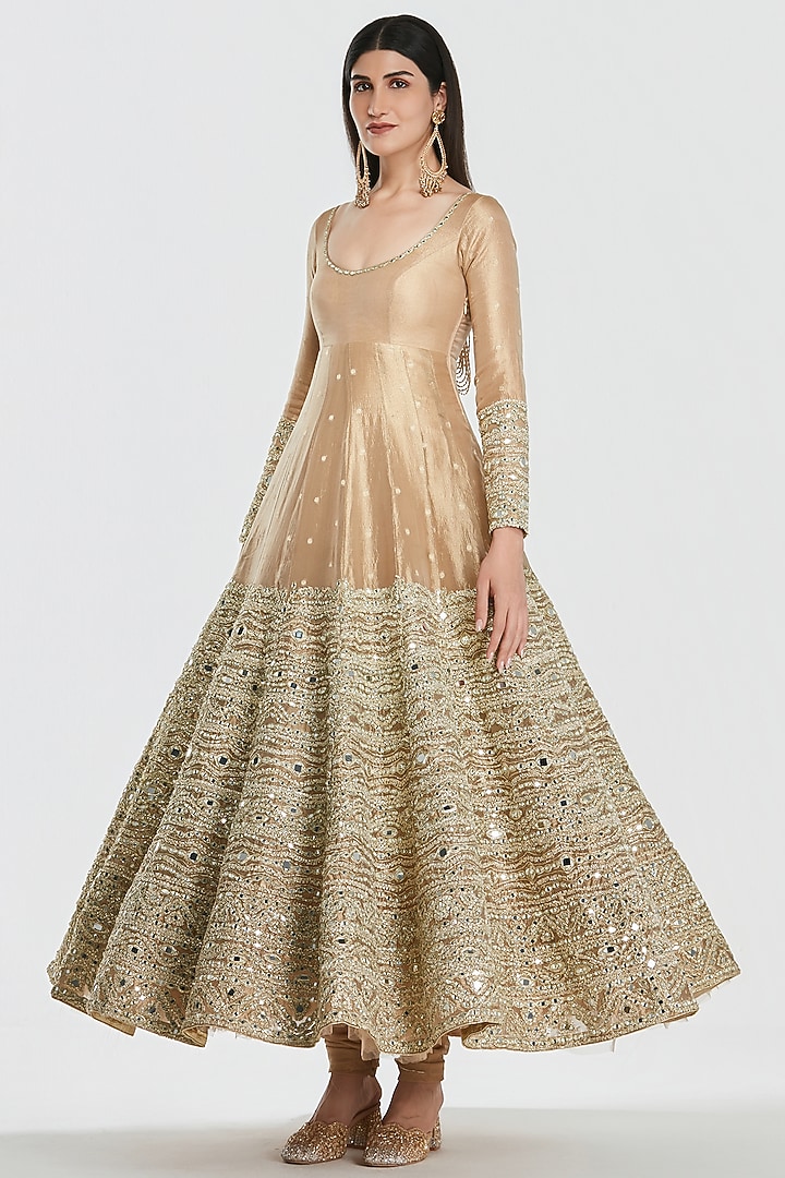 Gold Tissue Mirror Work Bridal Anarkali Set by Abhinav Mishra at Pernia's Pop Up Shop