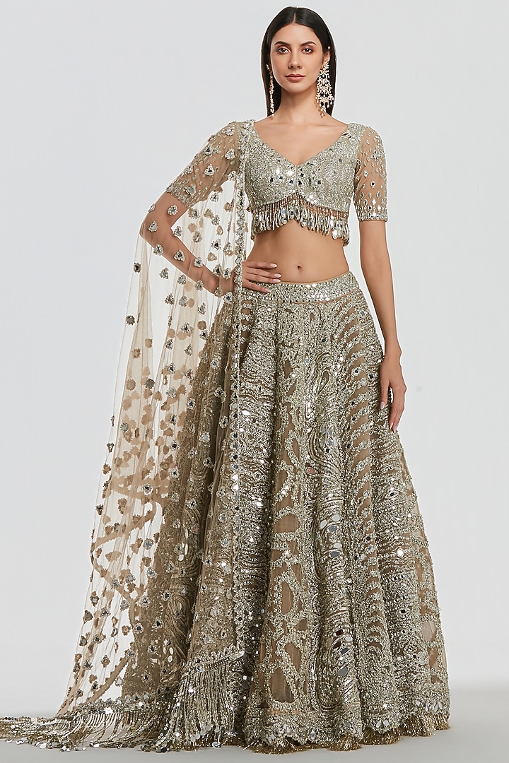 Champagne Gold Net Mirror Work Bridal Lehenga Set by Abhinav Mishra at Pernia's Pop Up Shop