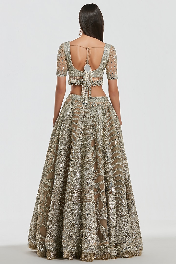 Champagne Gold Net Mirror Work Bridal Lehenga Set by Abhinav Mishra at Pernia's Pop Up Shop