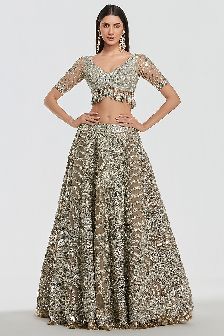 Champagne Gold Net Mirror Work Bridal Lehenga Set by Abhinav Mishra at Pernia's Pop Up Shop