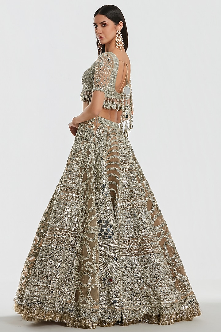 Champagne Gold Net Mirror Work Bridal Lehenga Set by Abhinav Mishra at Pernia's Pop Up Shop
