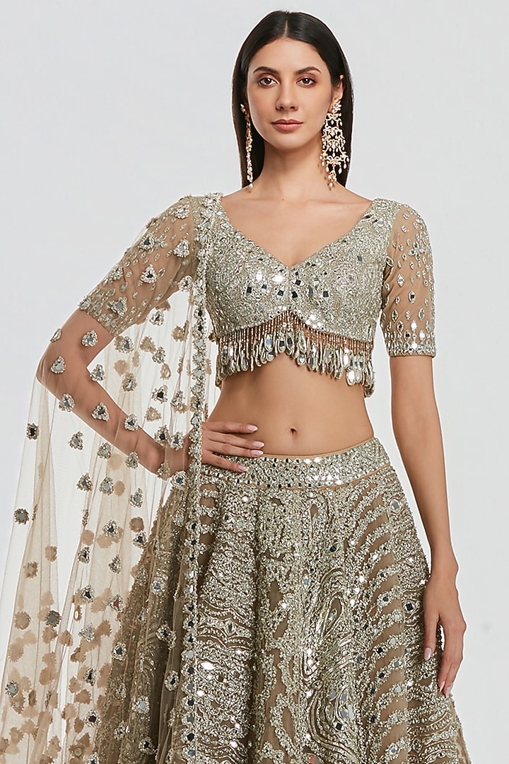 Champagne Gold Net Mirror Work Bridal Lehenga Set by Abhinav Mishra at Pernia's Pop Up Shop