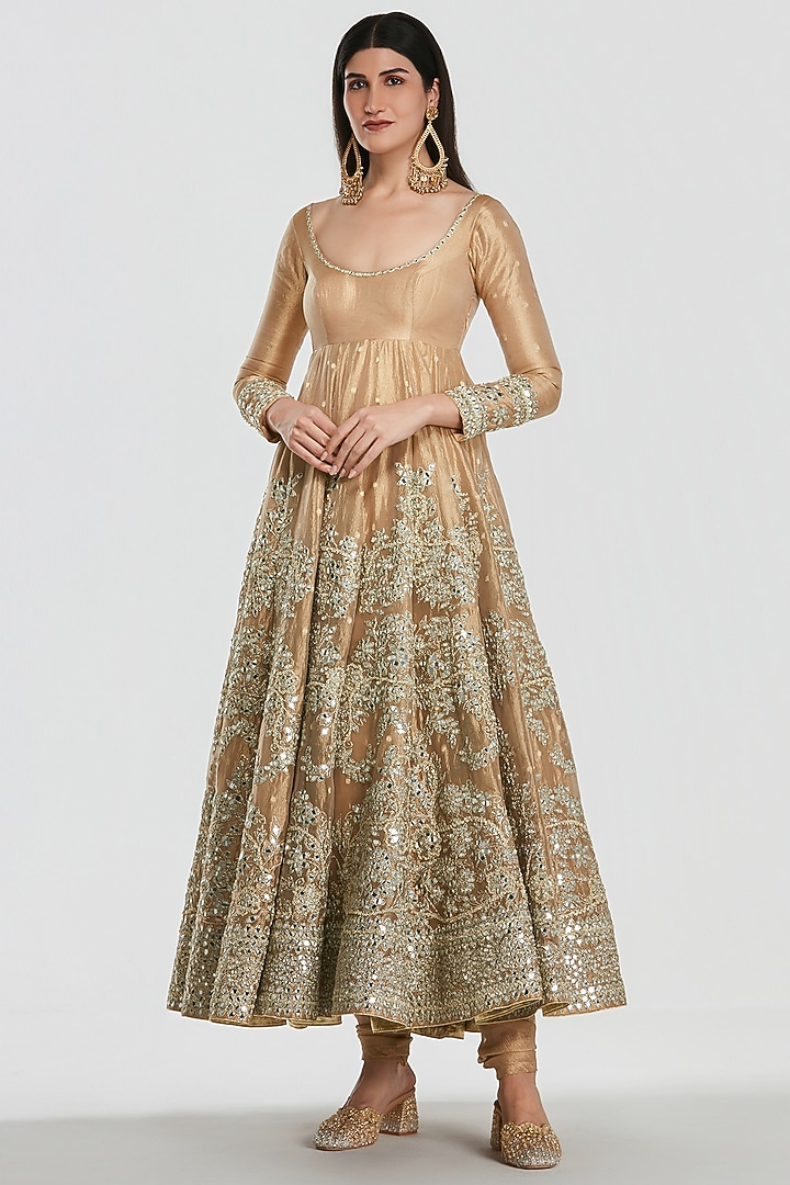 Gold Tissue Mirror Work Bridal Anarkali Set by Abhinav Mishra at Pernia's Pop Up Shop