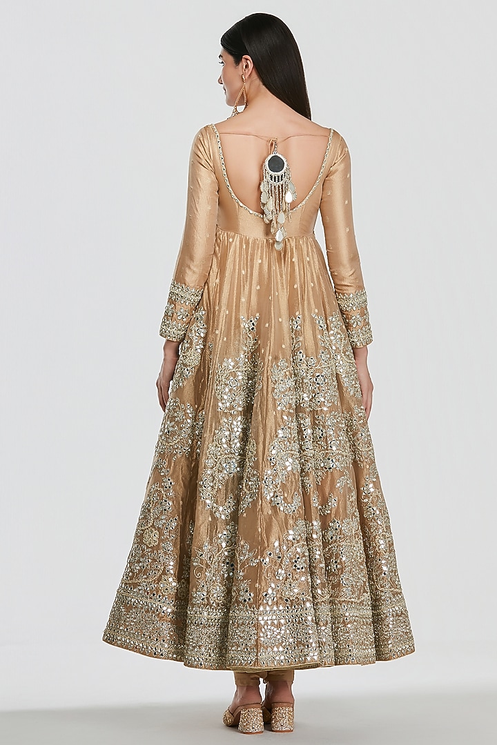Gold Tissue Mirror Work Bridal Anarkali Set by Abhinav Mishra at Pernia's Pop Up Shop