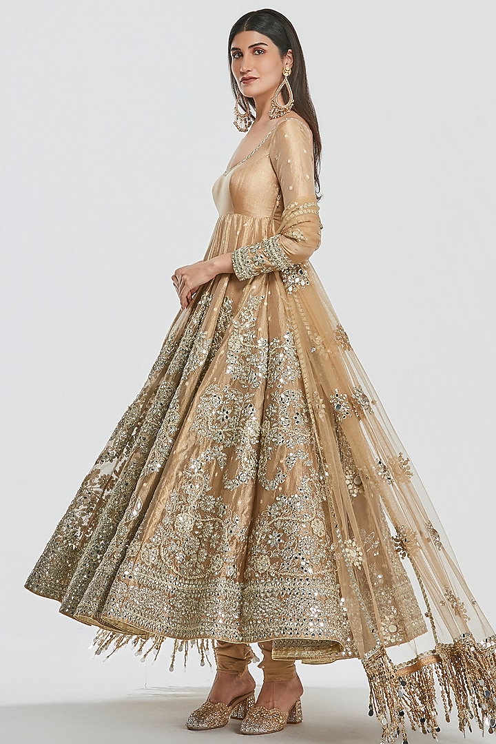 Gold Tissue Mirror Work Bridal Anarkali Set by Abhinav Mishra at Pernia's Pop Up Shop