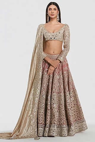 Powder Pink Net Mirror Work Lehenga Set by Abhinav Mishra