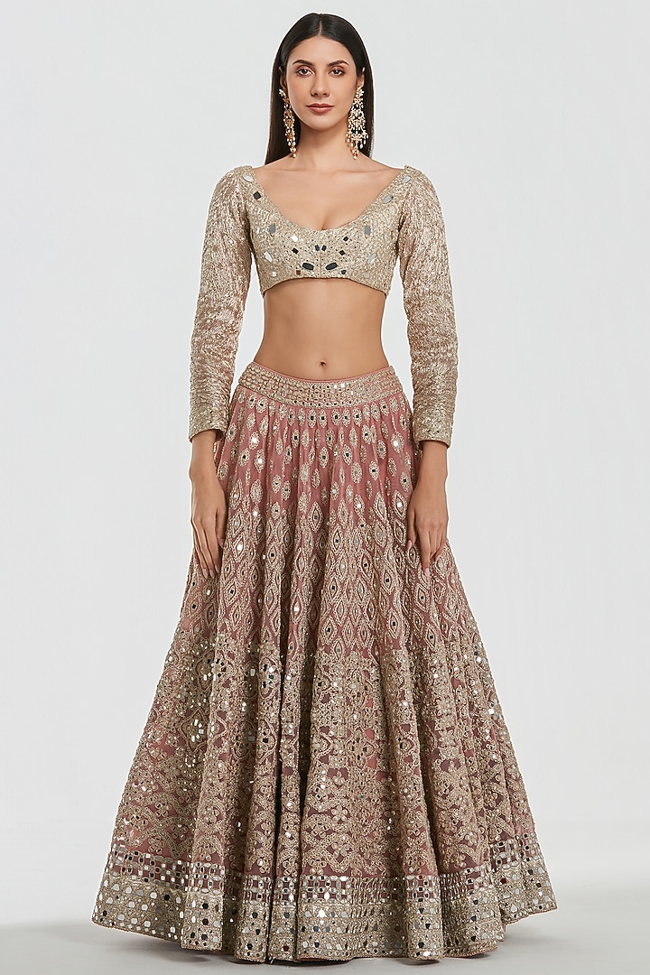 Powder Pink Net Mirror Work Bridal Lehenga Set by Abhinav Mishra at Pernia's Pop Up Shop