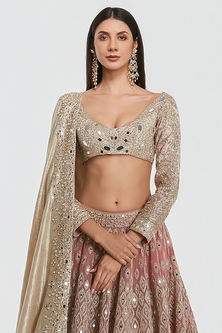 Powder Pink Net Mirror Work Bridal Lehenga Set by Abhinav Mishra at Pernia's Pop Up Shop