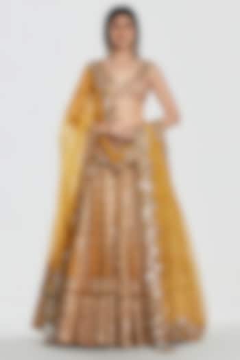Mustard Yellow Net Mirror Work Bridal Lehenga Set by Abhinav Mishra at Pernia's Pop Up Shop