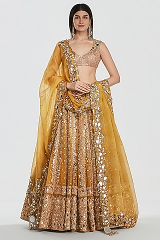 Mustard Yellow Net Mirror Work Lehenga Set by Abhinav Mishra