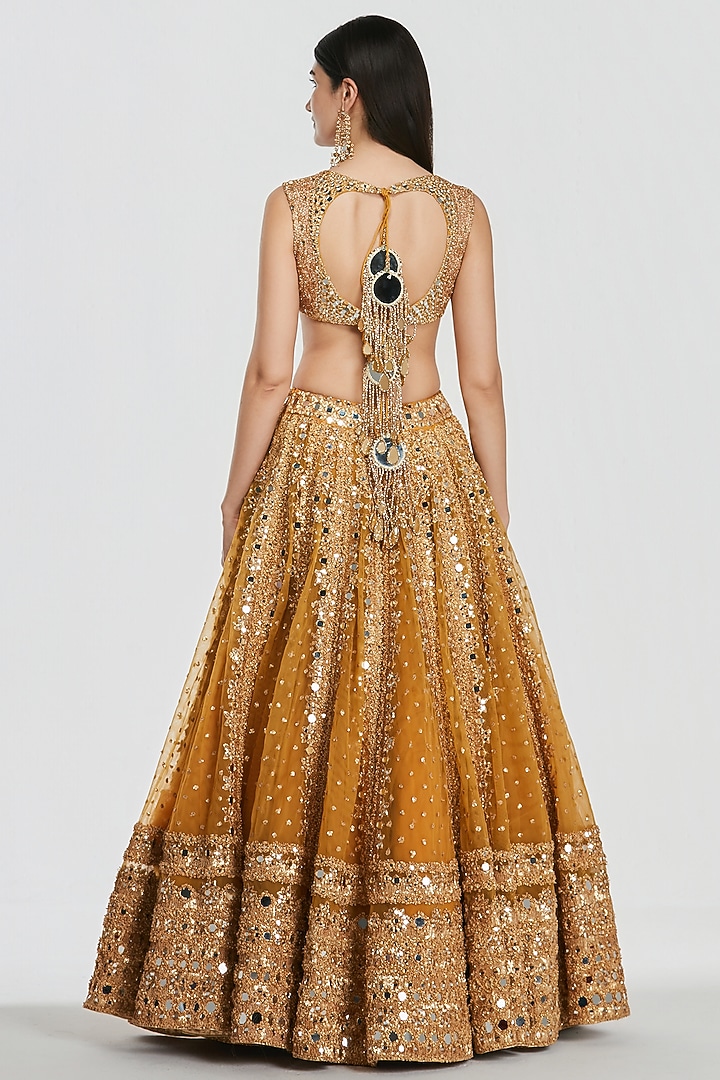 Mustard Yellow Net Mirror Work Bridal Lehenga Set by Abhinav Mishra at Pernia's Pop Up Shop