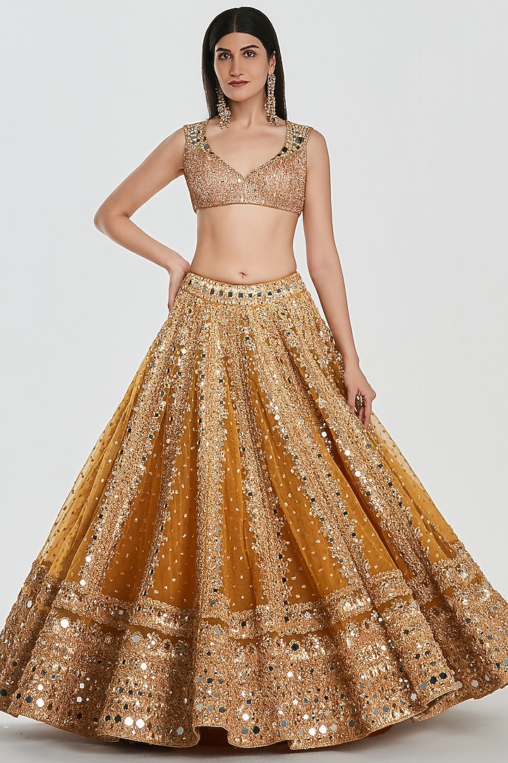 Mustard Yellow Net Mirror Work Bridal Lehenga Set by Abhinav Mishra at Pernia's Pop Up Shop