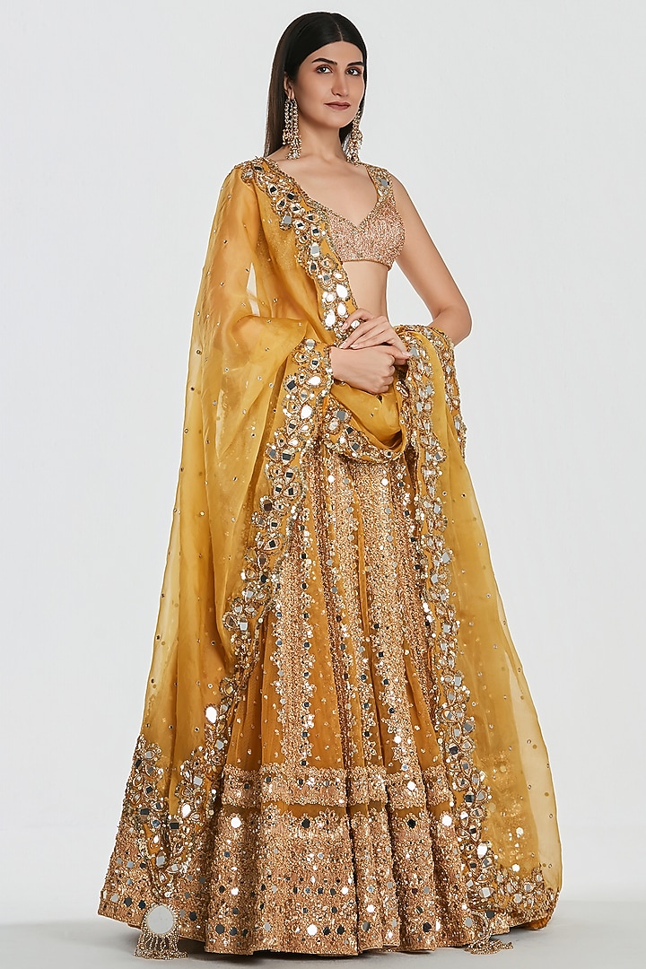Mustard Yellow Net Mirror Work Bridal Lehenga Set by Abhinav Mishra at Pernia's Pop Up Shop