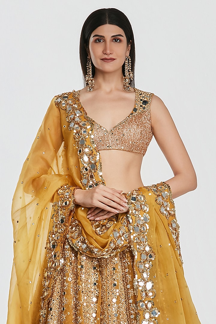 Mustard Yellow Net Mirror Work Bridal Lehenga Set by Abhinav Mishra at Pernia's Pop Up Shop