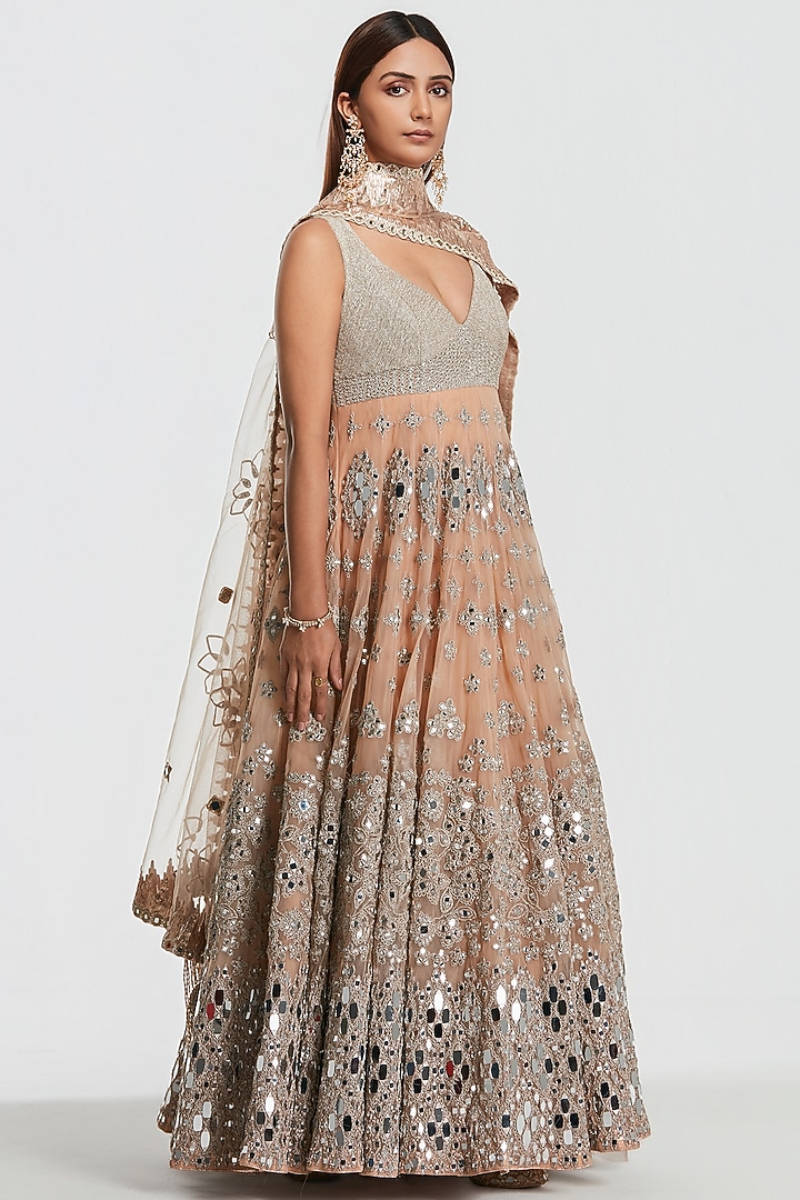 Blush Peach Net Mirror Work Bridal Anarkali Set by Abhinav Mishra at Pernia's Pop Up Shop