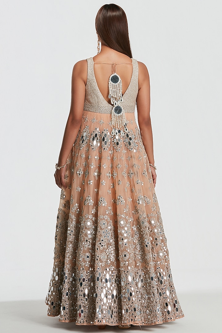 Blush Peach Net Mirror Work Bridal Anarkali Set by Abhinav Mishra at Pernia's Pop Up Shop