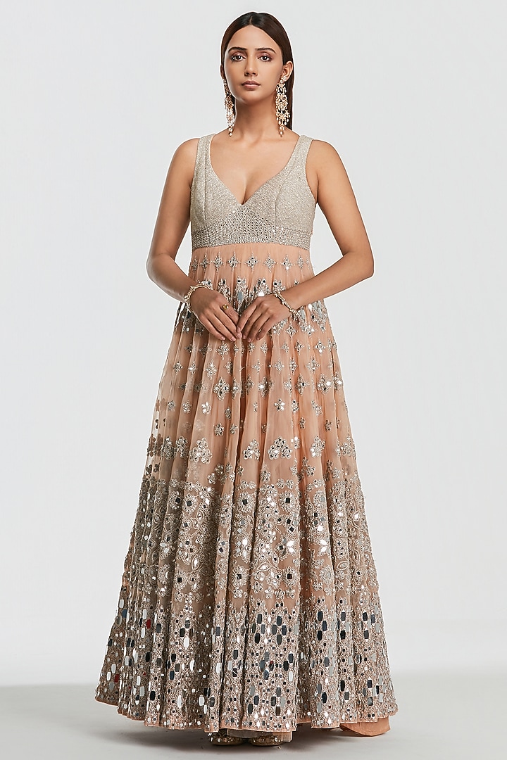 Blush Peach Net Mirror Work Bridal Anarkali Set by Abhinav Mishra at Pernia's Pop Up Shop