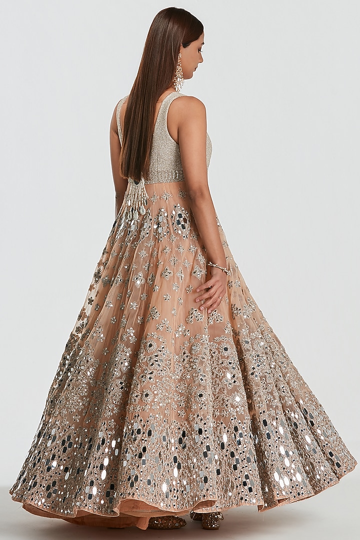 Blush Peach Net Mirror Work Bridal Anarkali Set by Abhinav Mishra at Pernia's Pop Up Shop