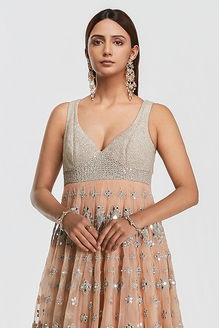 Blush Peach Net Mirror Work Bridal Anarkali Set by Abhinav Mishra at Pernia's Pop Up Shop