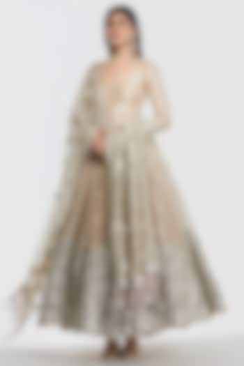 Rose Gold Tissue Mirror Work Bridal Anarkali Set by Abhinav Mishra at Pernia's Pop Up Shop