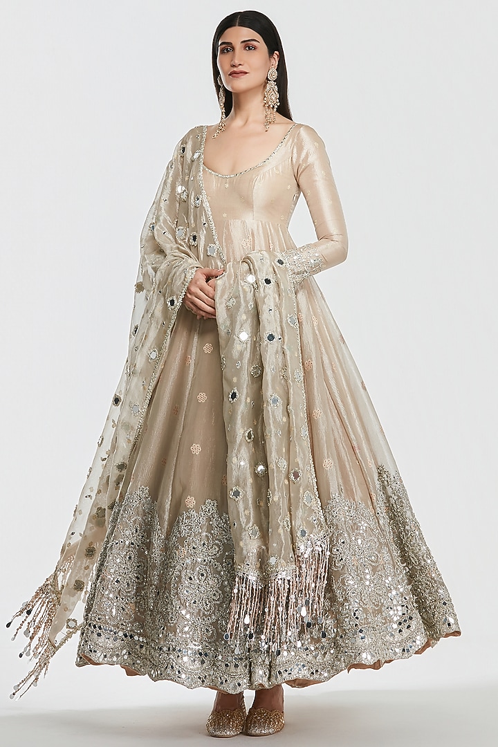Rose Gold Tissue Mirror Work Bridal Anarkali Set by Abhinav Mishra at Pernia's Pop Up Shop