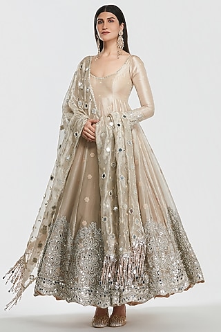 Rose Gold Tissue Mirror Work Anarkali Set by Abhinav Mishra