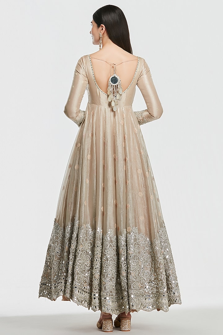 Rose Gold Tissue Mirror Work Bridal Anarkali Set by Abhinav Mishra at Pernia's Pop Up Shop