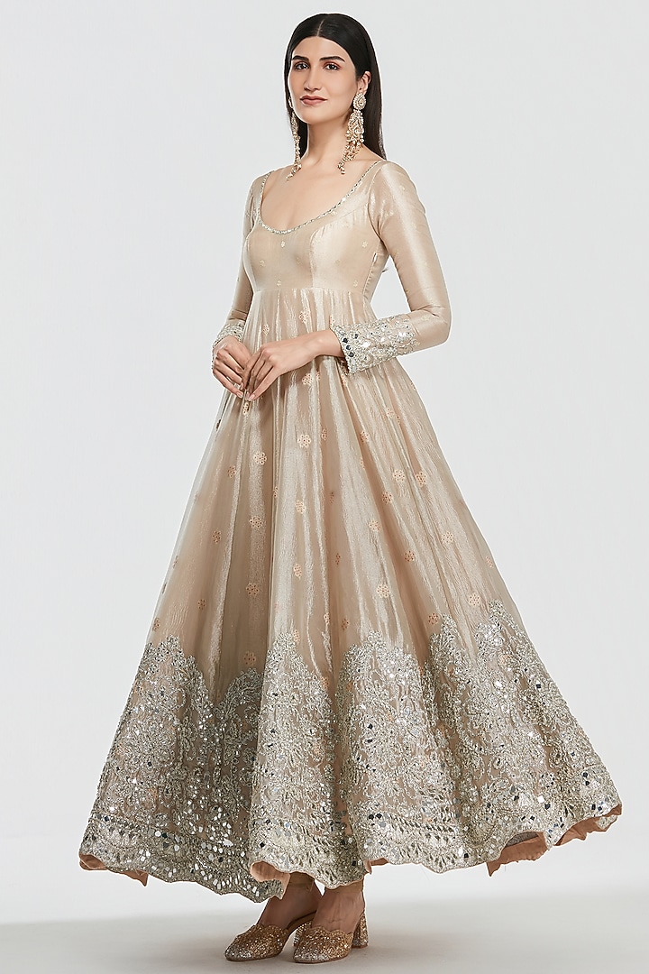 Rose Gold Tissue Mirror Work Bridal Anarkali Set by Abhinav Mishra at Pernia's Pop Up Shop