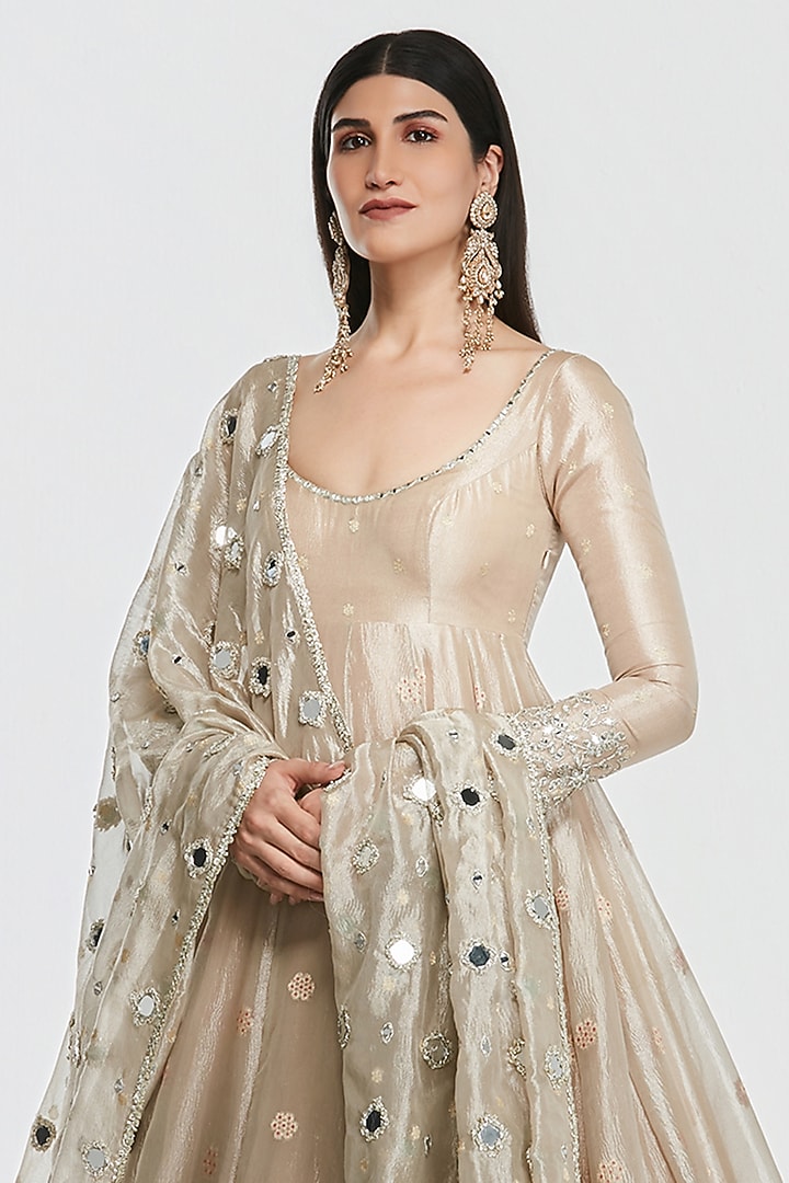 Rose Gold Tissue Mirror Work Bridal Anarkali Set by Abhinav Mishra at Pernia's Pop Up Shop