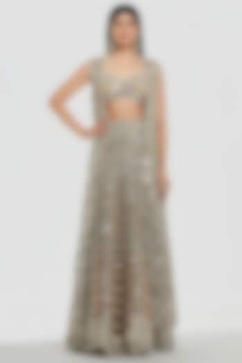 Champagne Gold Net Mirror Work Jacket Bridal Lehenga Set by Abhinav Mishra at Pernia's Pop Up Shop