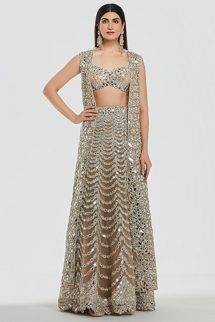 Champagne Gold Net Mirror Work Jacket Bridal Lehenga Set by Abhinav Mishra at Pernia's Pop Up Shop