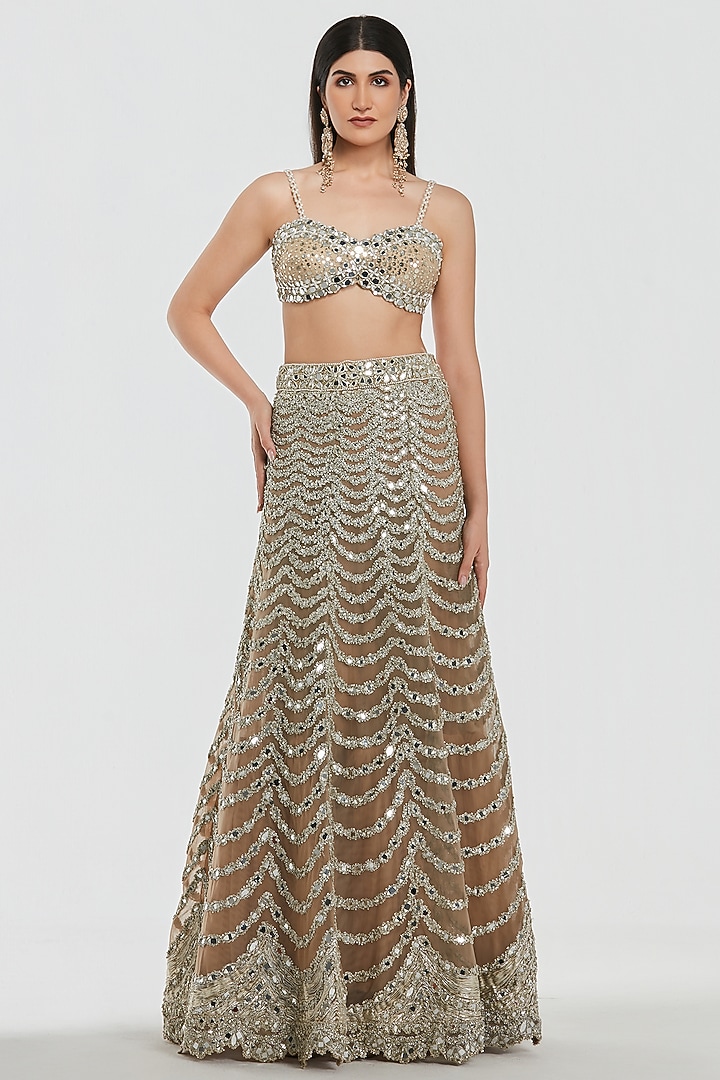 Champagne Gold Net Mirror Work Jacket Bridal Lehenga Set by Abhinav Mishra at Pernia's Pop Up Shop