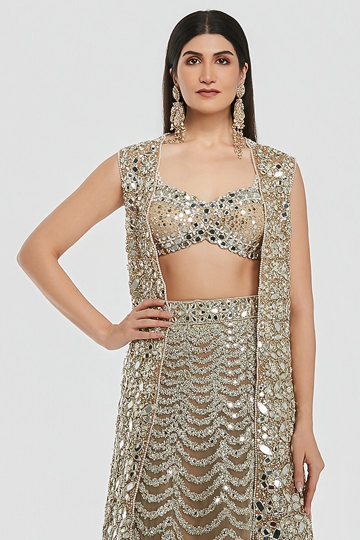Champagne Gold Net Mirror Work Jacket Bridal Lehenga Set by Abhinav Mishra at Pernia's Pop Up Shop