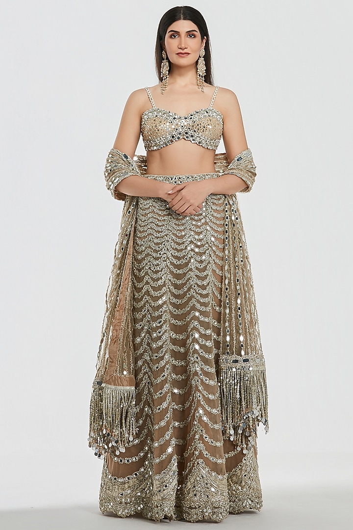 Champagne Gold Net Mirror Work Bridal Lehenga Set by Abhinav Mishra at Pernia's Pop Up Shop