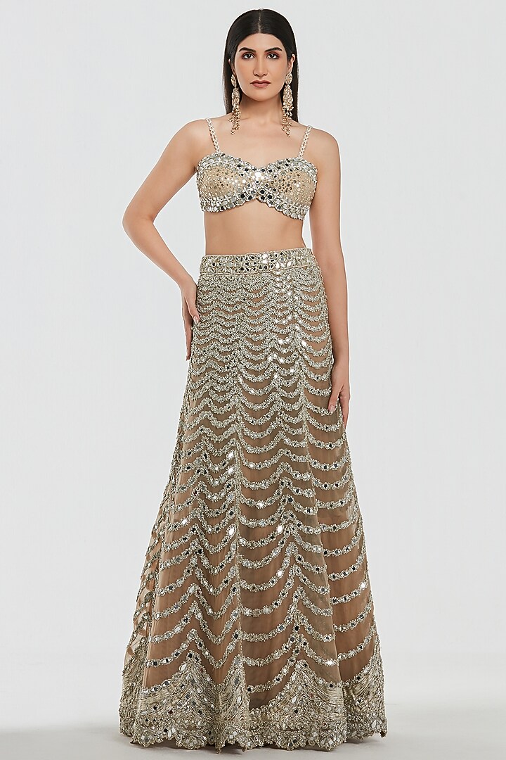 Champagne Gold Net Mirror Work Bridal Lehenga Set by Abhinav Mishra at Pernia's Pop Up Shop