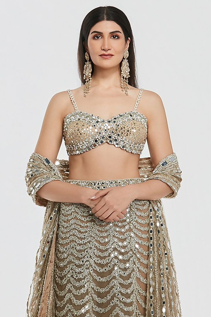 Champagne Gold Net Mirror Work Bridal Lehenga Set by Abhinav Mishra at Pernia's Pop Up Shop