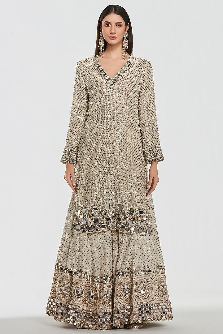 Ivory Chanderi Mirror Work Bridal Sharara Set by Abhinav Mishra at Pernia's Pop Up Shop