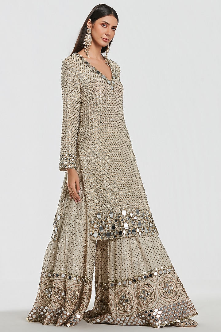 Ivory Chanderi Mirror Work Bridal Sharara Set by Abhinav Mishra at Pernia's Pop Up Shop