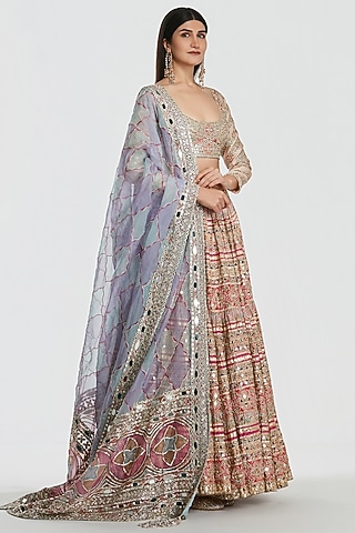 Multi-Colored Chanderi Mirror Work Lehenga Set by Abhinav Mishra