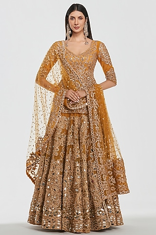 Mustard Yellow Net Mirror Work Lehenga Set by Abhinav Mishra