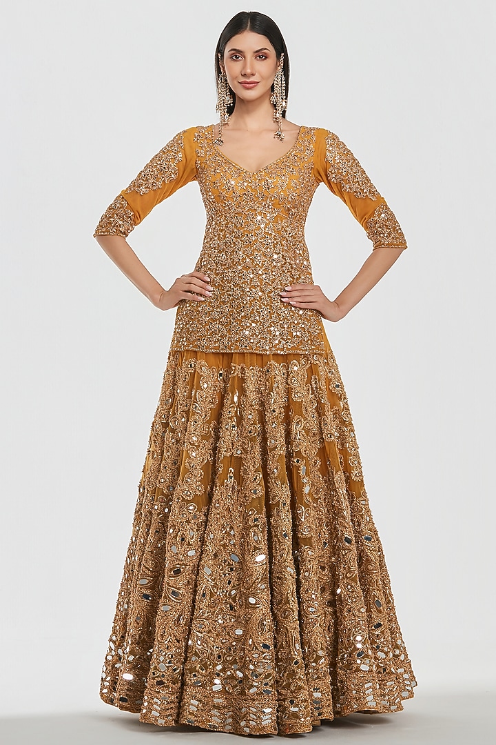 Mustard Yellow Net Mirror Work Bridal Lehenga Set by Abhinav Mishra at Pernia's Pop Up Shop
