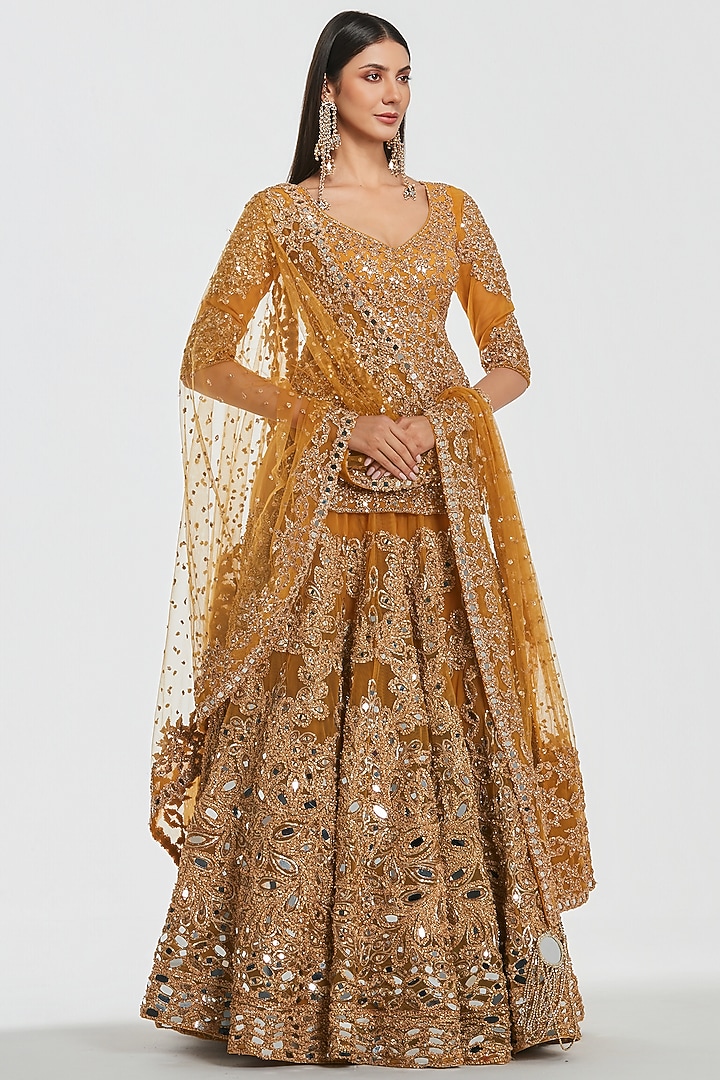 Mustard Yellow Net Mirror Work Bridal Lehenga Set by Abhinav Mishra at Pernia's Pop Up Shop
