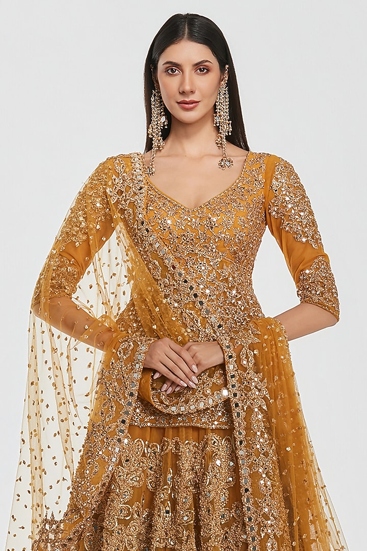 Mustard Yellow Net Mirror Work Bridal Lehenga Set by Abhinav Mishra at Pernia's Pop Up Shop