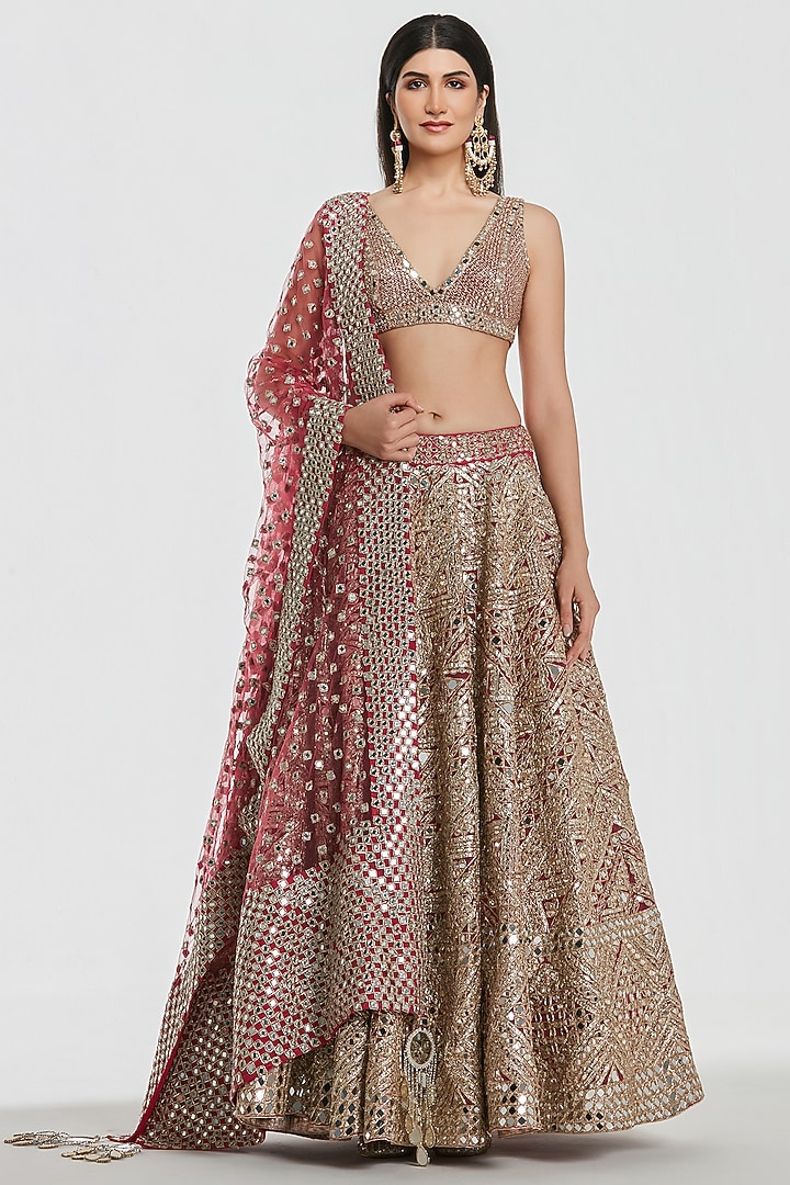 Hot Pink Net Mirror Work Bridal Lehenga Set by Abhinav Mishra at Pernia's Pop Up Shop